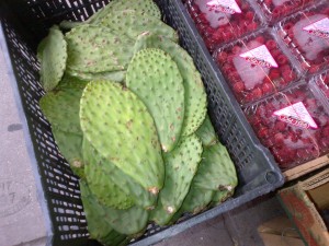 Cactus leaves and raspberries